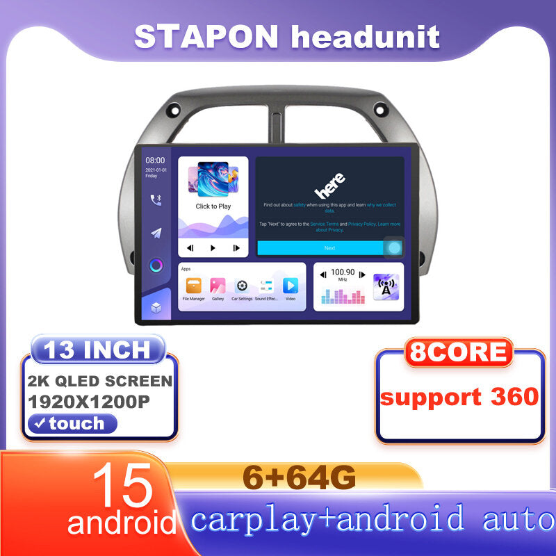 STAPON 13inch 6+64G for toyota rav4 2001-2006 android16 1920x1200p 2k screen carplay android auto OCTA CORE support 360camera car android headunit car android stereo WiFi Bluetooth 5.0 GPS FM rear view S133
