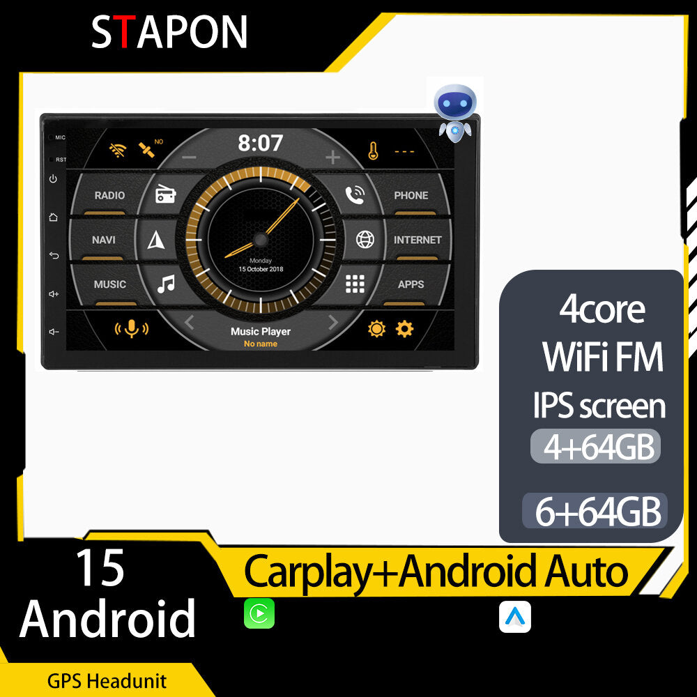 STAPON 7inch 6+64GB 4+64GB android16 carplay android auto voice command 2din car headunit touch screen support gps navigation WiFi Bluetooth mirror link steering wheel control rear view tvplus A7