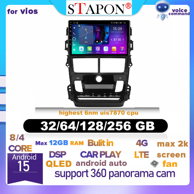 STAPON 9inch for Toyota VIOS 2019-2025 android16 64 128 256GB 2k QLED ips voice command carplay android auto OCTA CORE DSP 4G LTE 360camera DASHCAM car android HEAD UNIT plug play stereo WiFi Bluetooth GPS automatic