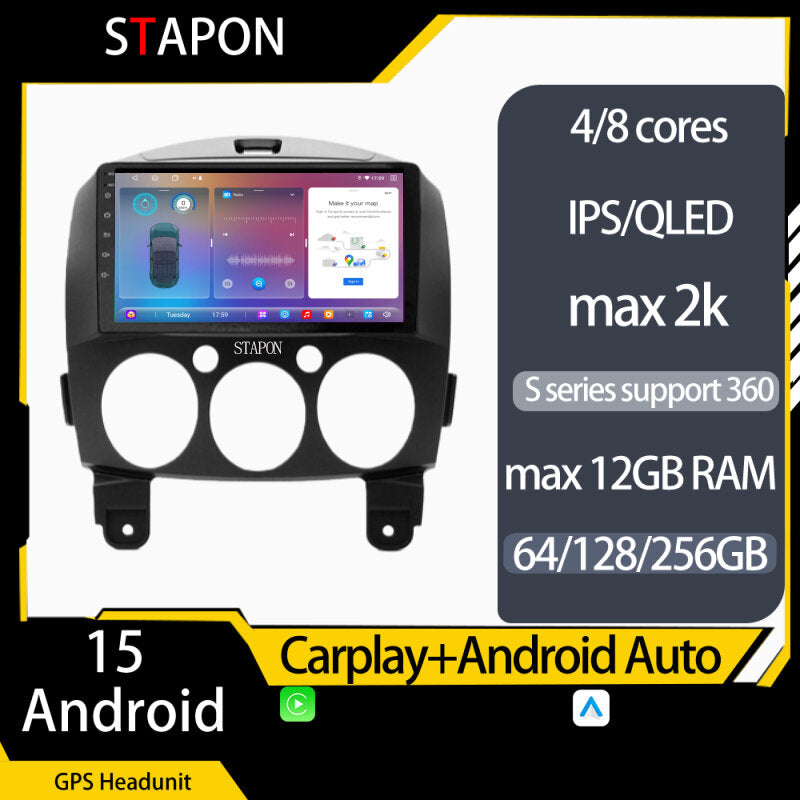 STAPON 9inch for MAZDA2 2007-2013 android16 64 128 256GB 2k QLED IPS carplay android auto OCTA CORE DSP 4G LTE 360camera dashcam car stereo android head unit plug play navigation GPS rear view Bluetooth