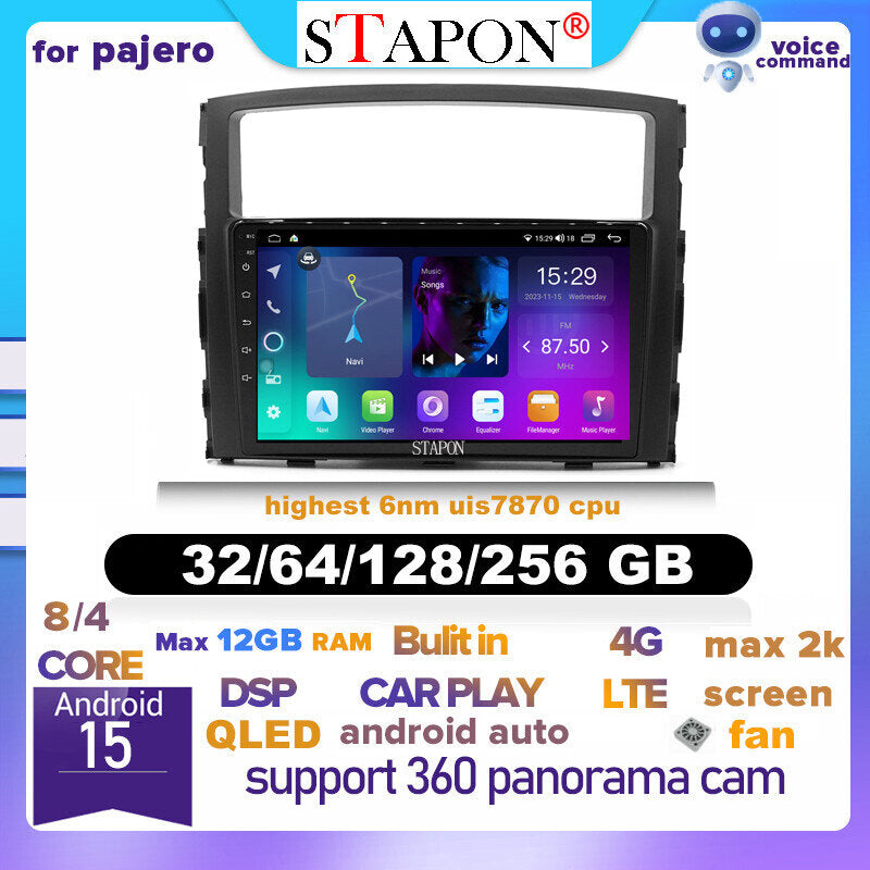 STAPON 9inch for Mitsubishi pajero 2006-2011 android16 32 64 128 256GB 2k QLED IPS voice command carplay android auto OCTA CORE DSP 4G 360camera dashcam car stereo android HEAD UNIT plug play WiFi Bluetooth GPS