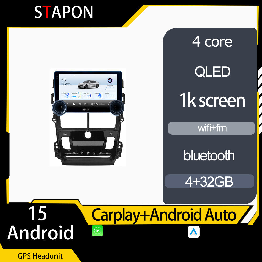 STAPON 10.5inch 4+32GB for toyota vios 2019-2023a android16 carplay android auto 2.5D qled 1k SCREEN quad CORE car android head unit stereo WiFi Bluetooth GPS FM rear view S105