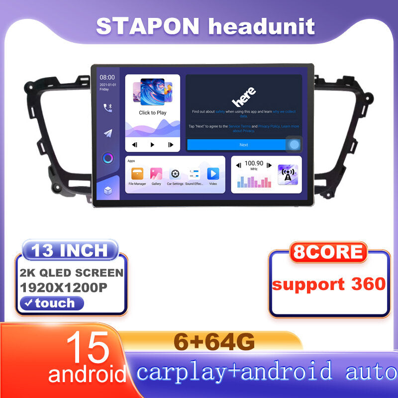 STAPON 13inch 6+64G for kia carnival 2014-2018 android16 1920x1200p 2k screen carplay android auto OCTA CORE support 360camera car android headunit car android stereo WiFi Bluetooth 5.0 GPS FM rear view S133