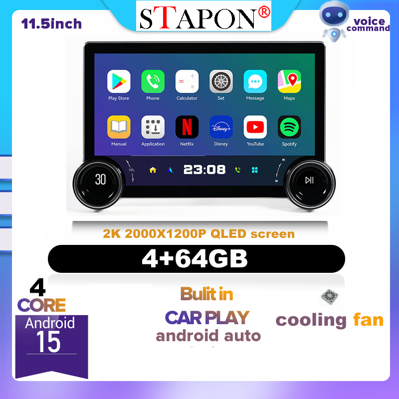 STAPON 11.5inch 4+64GB android16 2k QLED screen carplay android auto 2din car android headunit stereo mirror link bluetooth wifi steering control rear view s115