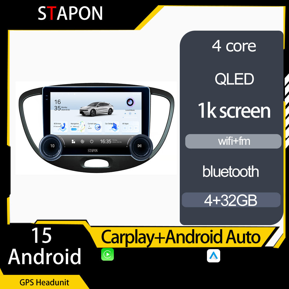 STAPON 10.5inch 4+32GB for hyundai i10 2008-2013 android16 carplay android auto 2.5D qled 1k SCREEN quad CORE car android head unit stereo WiFi Bluetooth GPS FM rear view S105