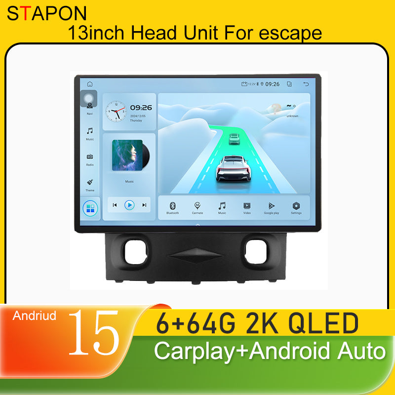 STAPON 13inch 6+64GB for ford escape 2007-2012 android16 2k 1920x1200p screen carplay android auto 2.5D qled SCREEN quad CORE car android headunit car android stereo WiFi Bluetooth 5.0 GPS FM rear view S132