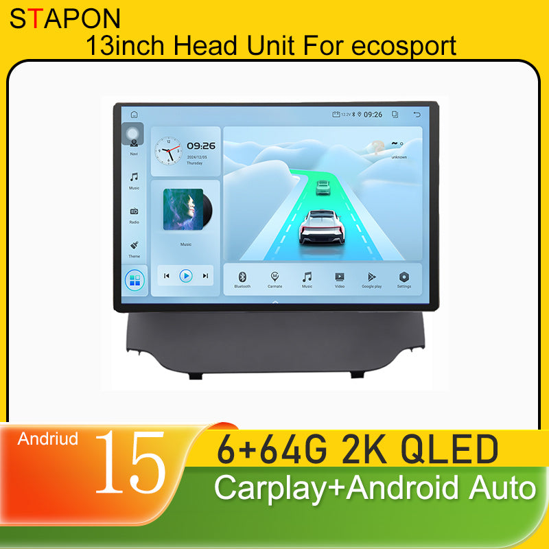 STAPON 13inch 6+64GB for ford ecosport 2013-2017 android16 2k 1920x1200p screen carplay android auto 2.5D qled SCREEN quad CORE car android headunit car android stereo WiFi Bluetooth 5.0 GPS FM rear view S132