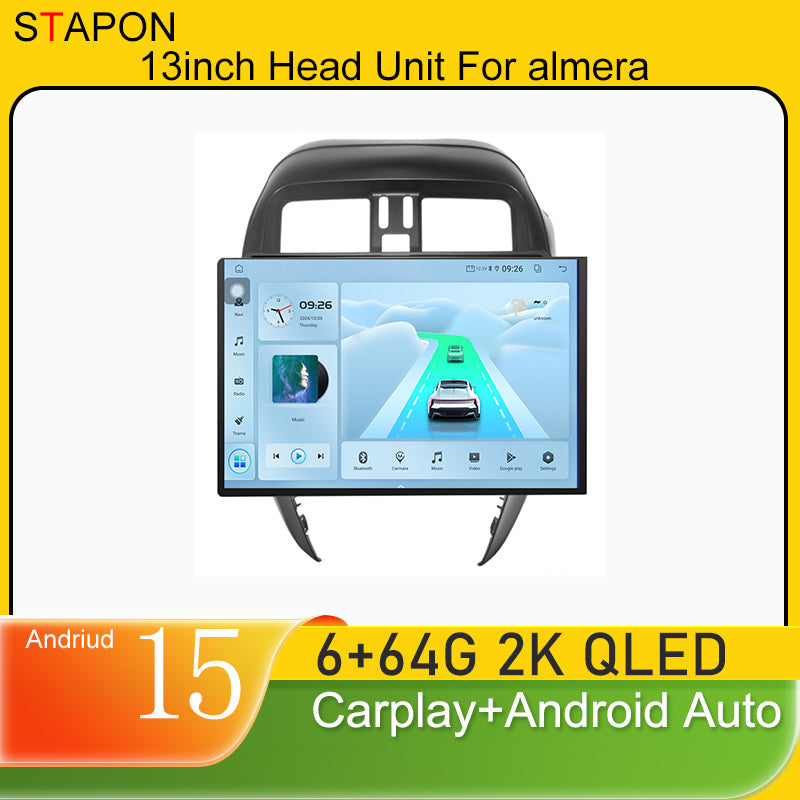 STAPON 13inch 6+64GB for niassan almera 2017-2021 android16 2k 1920x1200p screen carplay android auto 2.5D qled SCREEN quad CORE car android headunit car android stereo WiFi Bluetooth 5.0 GPS FM rear view S132