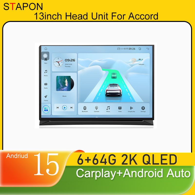 STAPON 13inch 6+64GB for honda accord 8generation android16 2k 1920x1200p screen carplay android auto 2.5D qled SCREEN quad CORE car android headunit car android stereo WiFi Bluetooth 5.0 GPS FM rear view S132
