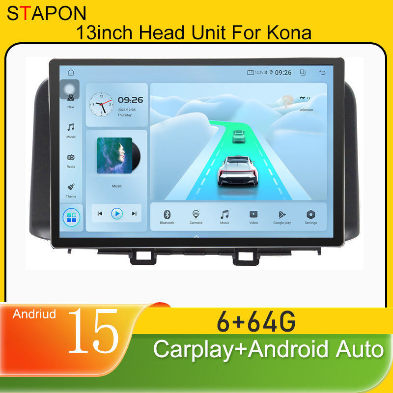 STAPON 13inch 6+64GB for hyundai kona android16 2k 1920x1200p screen carplay android auto 2.5D qled SCREEN quad CORE car android headunit car android stereo WiFi Bluetooth 5.0 GPS FM rear view S132