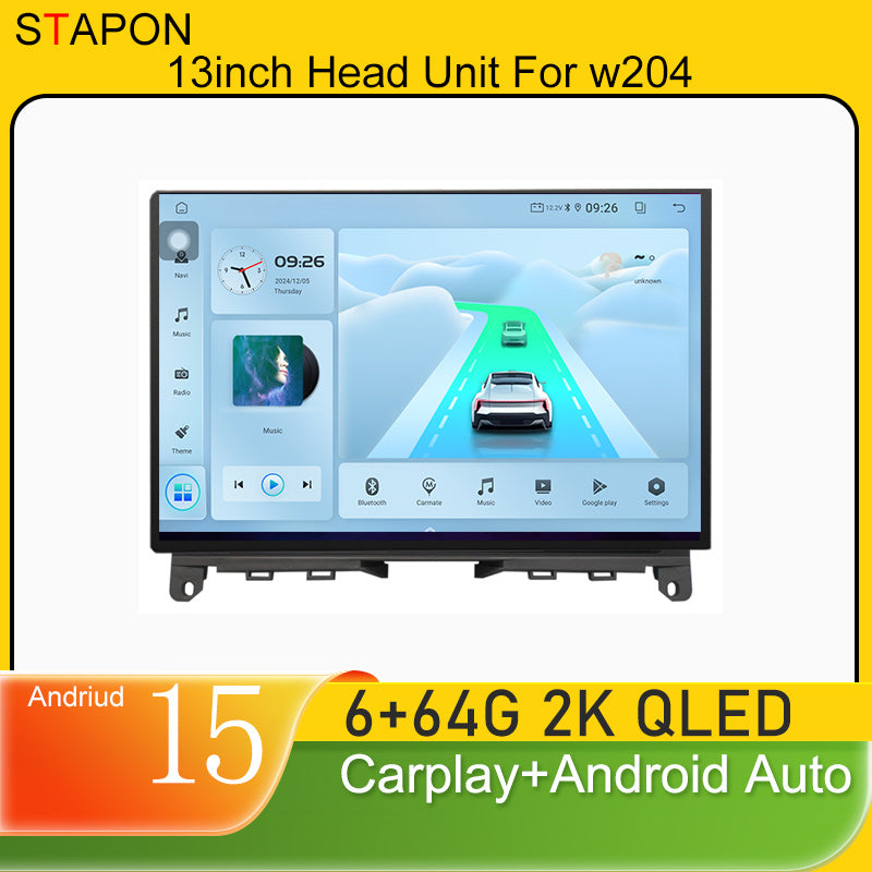 STAPON 13inch 6+64GB for mercedes benz w204 android16 2k 1920x1200p screen carplay android auto 2.5D qled SCREEN quad CORE car android headunit car android stereo WiFi Bluetooth 5.0 GPS FM rear view S132