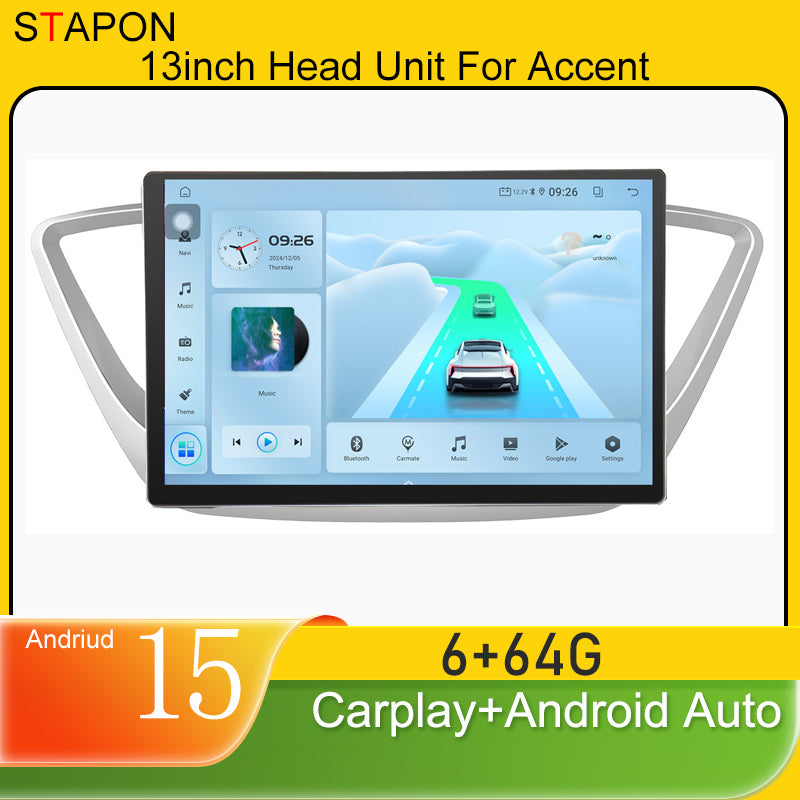STAPON 13inch 6+64GB for hyundai accent 2019-2025 android16 2k 1920x1200p screen carplay android auto 2.5D qled SCREEN quad CORE car android headunit car android stereo WiFi Bluetooth 5.0 GPS FM rear view S132