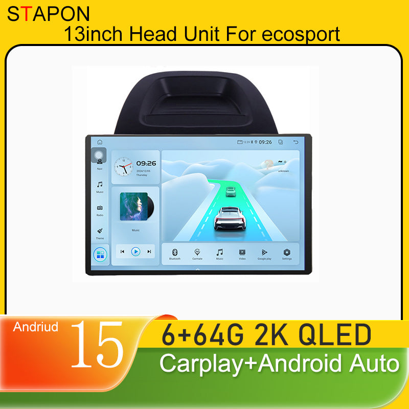 STAPON 13inch 6+64GB for ford ecosport 2018-2021 android16 2k 1920x1200p screen carplay android auto 2.5D qled SCREEN quad CORE car android headunit car android stereo WiFi Bluetooth 5.0 GPS FM rear view S132
