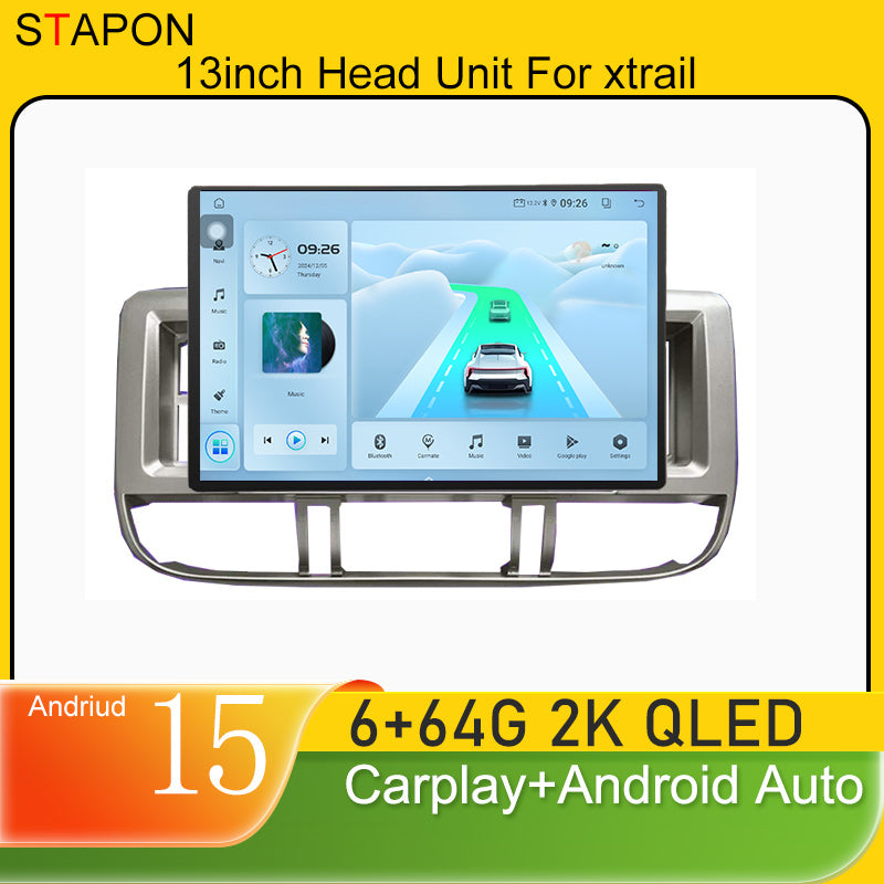 STAPON 13inch 6+64GB for nissan xtaril 2002-2006 Android15 2k 1920x1200p screen carplay android auto 2.5D qled SCREEN quad CORE car android headunit car android stereo WiFi Bluetooth 5.0 GPS FM rear view S132