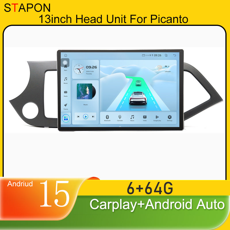 STAPON 13inch 6+64GB for kia picanto 2011-2017 android16 2k 1920x1200p screen carplay android auto 2.5D qled SCREEN quad CORE car android headunit car android stereo WiFi Bluetooth 5.0 GPS FM rear view S132