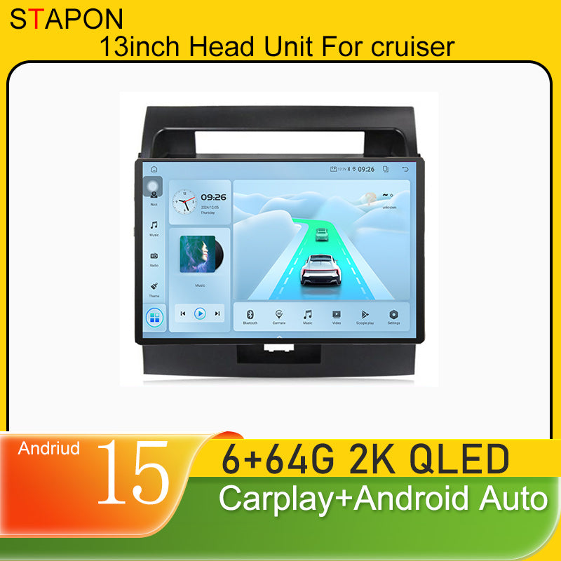 STAPON 13inch 6+64GB for toyota land cruiser 200 2008-2015 android16 2k 1920x1200p screen carplay android auto 2.5D qled SCREEN quad CORE car android headunit car android stereo WiFi Bluetooth 5.0 GPS FM rear view S132