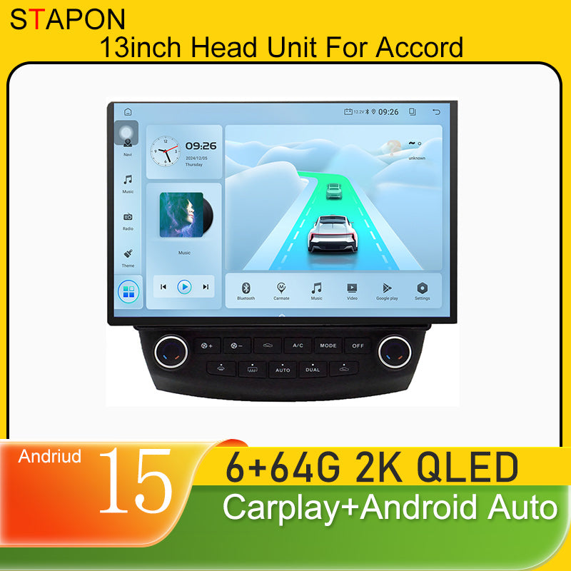 STAPON 13inch 6+64GB for honda accord 7generation android16 2k 1920x1200p screen carplay android auto 2.5D qled SCREEN quad CORE car android headunit car android stereo WiFi Bluetooth 5.0 GPS FM rear view S132